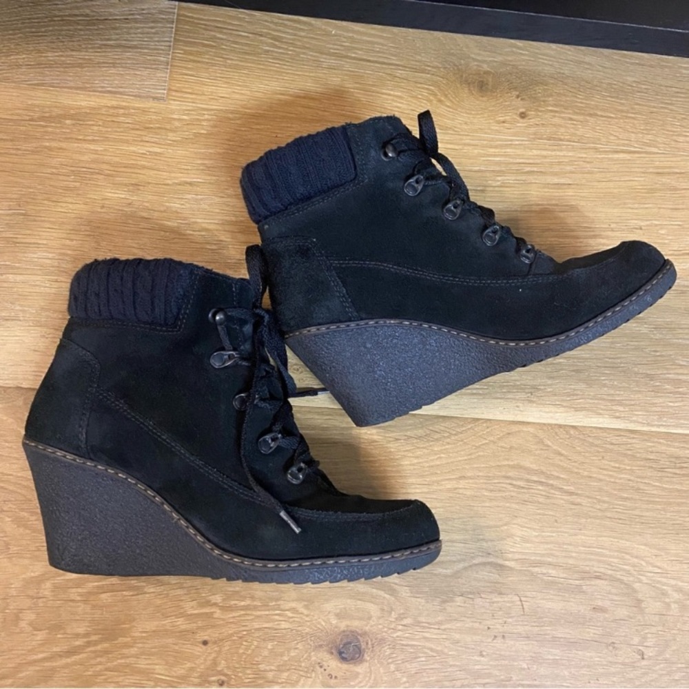 Black suede wedge ankle boots